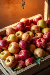 A vibrant still life of freshly picked apples, arranged artfully in a woven basket or a shallow, ornate bowl, set against a soft, creamy background