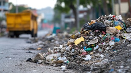 A large pile of discarded trash and refuse sits beside a city street, with a blurred yellow dump truck in the background. : Generative AI