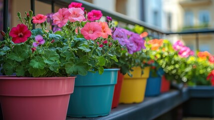 Fototapeta premium Geraniums in colorful pots on a balcony
