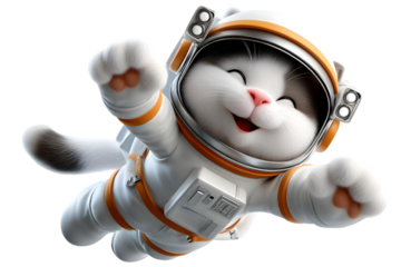 Adorable happy cat astronaut in space floating joyfully cute kitten 3d pet art fun paws tail on transparent background