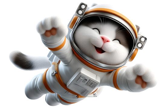 Adorable happy cat astronaut in space floating joyfully cute kitten 3d pet art fun paws tail on transparent background