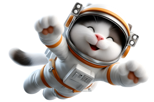 Adorable happy cat astronaut in space floating joyfully cute kitten 3d pet art fun paws tail on transparent background