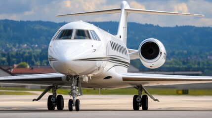 Obraz premium Close-up view of a pristine white private jet on an airport tarmac, showcasing its sleek design and powerful engine against a backdrop of lush green hills. : Generative AI
