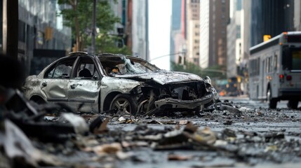 A severely damaged, burned-out car sits amidst debris on a city street, showcasing the aftermath of a destructive event. : Generative AI
