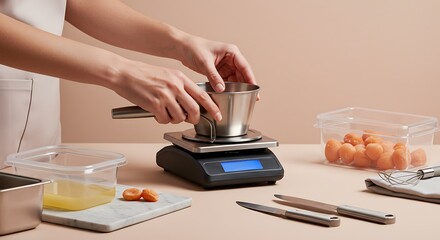 Accurately measuring ingredients on a digital kitchen scale for weight loss food prep