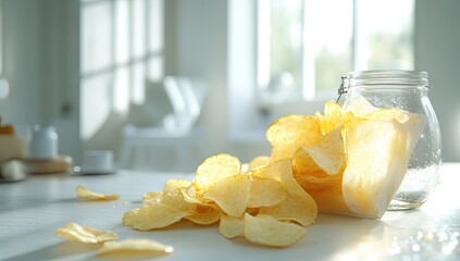 Crispy potato chips spilled from a glass jar on a white countertop