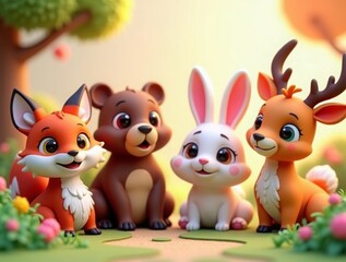 Naklejka premium Cute low poly animal collection in a 3D environment, including a fox, bear, rabbit, and deer