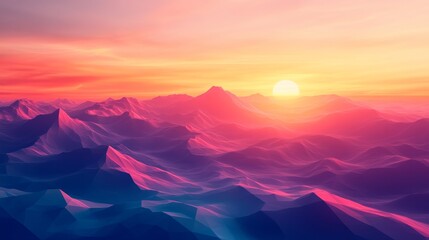 Vibrant sunset over a mountainous landscape with colorful peaks.