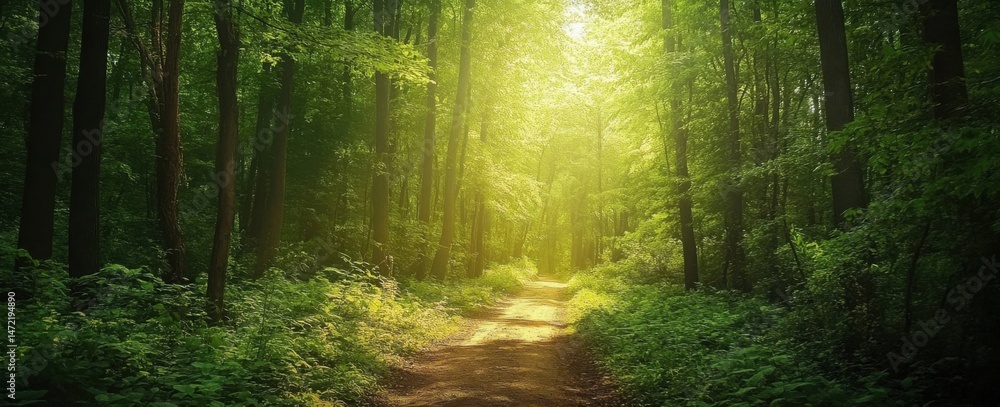 Poster Sunlit path through a lush green forest, dappled sunlight filtering through the leaves, creating a magical atmosphere. : Generative AI