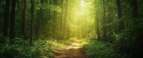 Obraz premium Sunlit path through a lush green forest, dappled sunlight filtering through the leaves, creating a magical atmosphere. : Generative AI