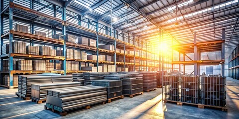 Sunlit Industrial Warehouse Showing Rows of Metal and Wood Products on Pallets