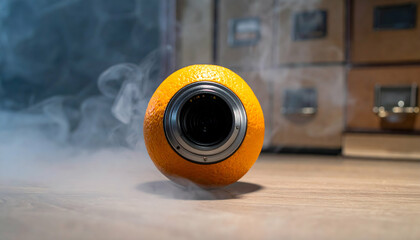 Creative camera lens inside an orange with a smoky background still life