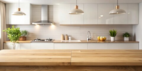 Light Wood Kitchen Island Countertop with Blurred Background