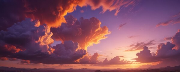 Fiery orange and purple clouds blaze across a vibrant, textured sunset sky ,  nature,  surreal
