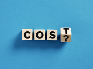 Asking the real cost question using wooden cubes on blue background