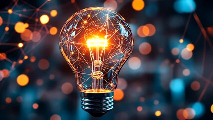 A clear lightbulb, brightly illuminated, contains an intricate network of glowing lines and nodes, set against a dark, bokeh background - Powered by Adobe