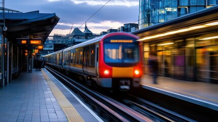 Fototapeta premium A fast commuter train speeds through a modern city station at dusk, blurring motion showcasing urban transportation. : Generative AI