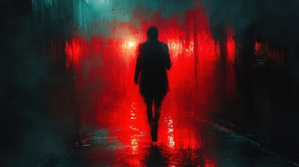A solitary figure walks a rain-slicked alleyway at night, bathed in vibrant, unsettling lights