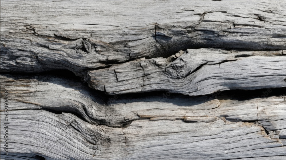 Poster Detailed close up of weathered driftwood, showing intricate grain patterns and textures, with variations in gray and black tones. : Generative AI