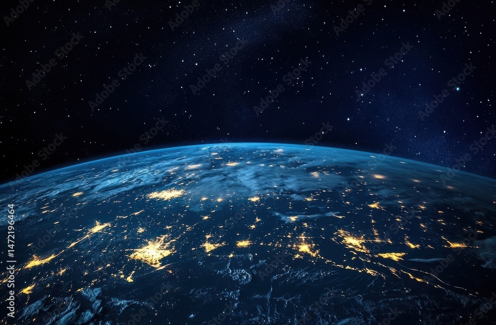 Poster stunning view of earth at night from space, showcasing city lights illuminating the planet against a