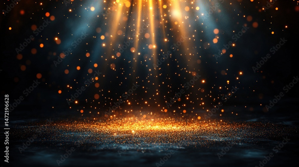 Aufkleber golden light beams illuminate a sparkling dust cloud above a dark surface, creating a magical atmosp