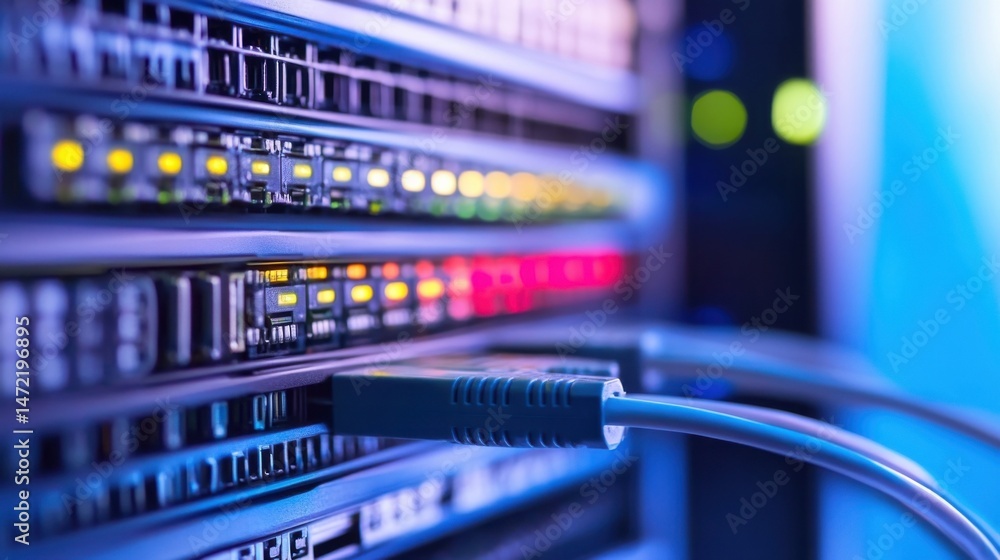Fototapete Close-up view of a network server rack with glowing lights and fiber optic cables connected, showcasing modern data center technology. : Generative AI