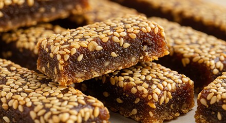 Date bars with sesame seeds close up