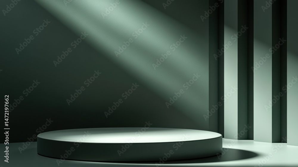 Aufkleber a minimalist green studio scene features a circular platform illuminated by dramatic light rays, set