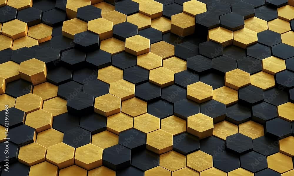 Aufkleber golden and black hexagonal pattern 3d render with dynamic lighting and shadow
