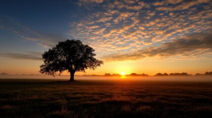 Fototapeta premium Solitary oak tree silhouetted against a vibrant sunrise, mist clinging to the field, creating a serene and peaceful morning landscape. : Generative AI