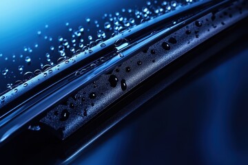 Close-up view of a car windshield wiper blade with water droplets