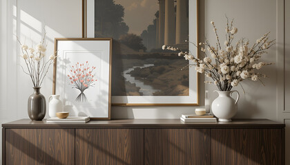 Elegant sideboard decor featuring framed artwork, floral arrangement, and chic minimalist decorations for contemporary interior visuals.