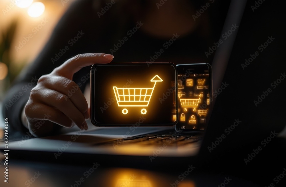 Poster woman's hand holding a smartphone displaying a glowing shopping cart icon, symbolizing online shoppi