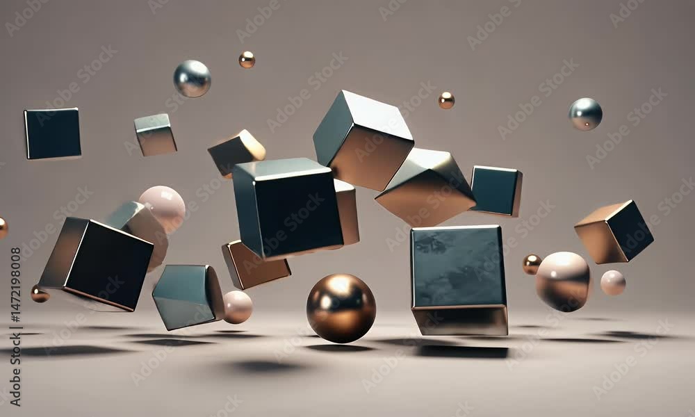 Poster metallic cubes and spheres floating against brownish surface with smooth lighting