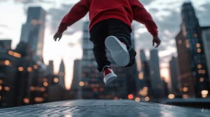 Fototapeta premium Person in red sweatshirt leaps over urban cityscape at sunset, showcasing dynamic movement and city lights in the background. : Generative AI