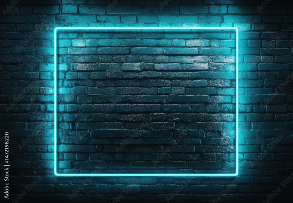 Poster vibrant teal neon light square frame on a dark brick wall, creating a modern, stylish, and atmospher