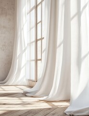 Soft white curtains flowing by a large window, casting shadows on light-colored wooden floors