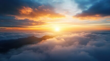 Fototapeta premium Majestic sunset over a mountain range, viewed from above the clouds, showcasing vibrant orange and blue hues in the sky. : Generative AI