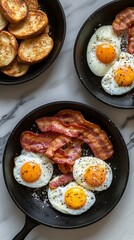 Delicious breakfast featuring perfectly cooked eggs, crispy bacon, and golden toasted bread served in cast iron pans, ideal for food lovers and culinary enthusiasts everywhere.