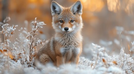 Obraz premium Cute baby coyote portrait with light blue background for wildlife education and animal conservation.