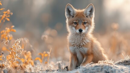 Fototapeta premium Cute baby coyote portrait with light blue background for wildlife education and animal conservation.