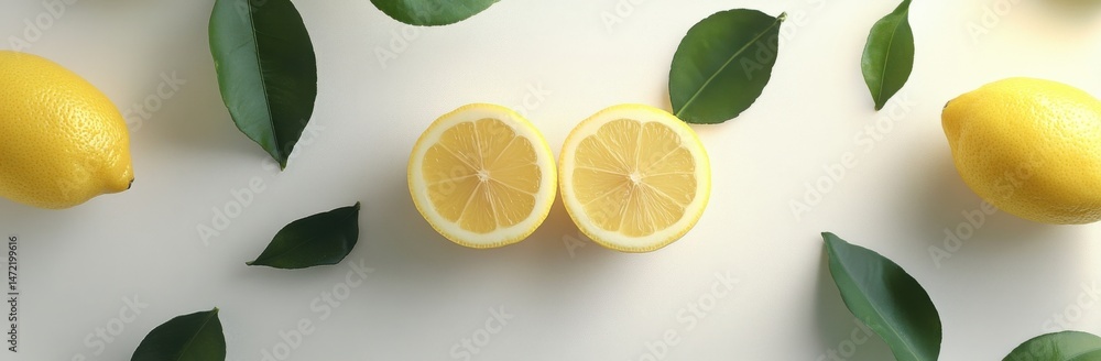 Poster two lemon halves with whole lemons and green leaves arranged on a white background, creating a vibra