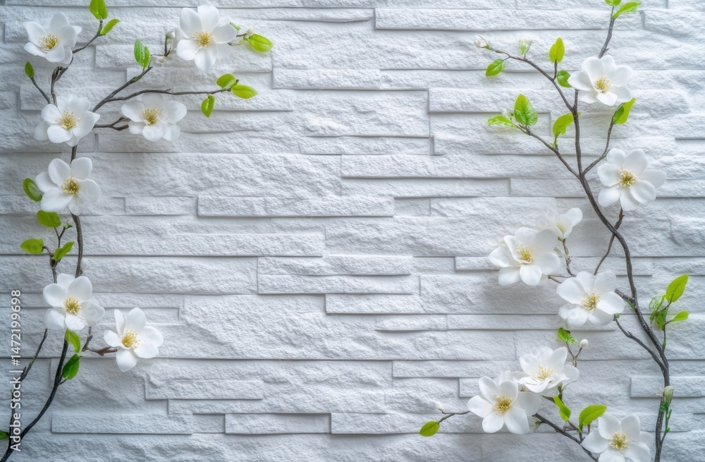 Poster White magnolia blossoms frame a textured white stone wall, creating a serene and elegant springtime scene, perfect for home decor or spa-related projects. : Generative AI