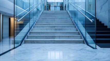 Obraz premium Modern marble staircase in a contemporary building with glass railings, offering a clean and elegant architectural detail. : Generative AI