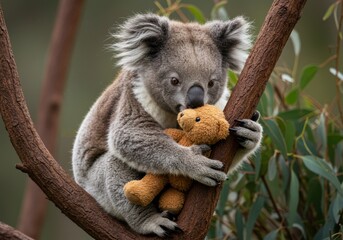 Fototapeta premium Photorealistic Koala Clinging to Branch, Cuddling Small Teddy Bear, Cute Embrace, Comfort Toy, Gentle Animal, Affectionate Pet, Sleepy Friend, Childhood Innocence, Sweet Moment, Unexpected Friendship,