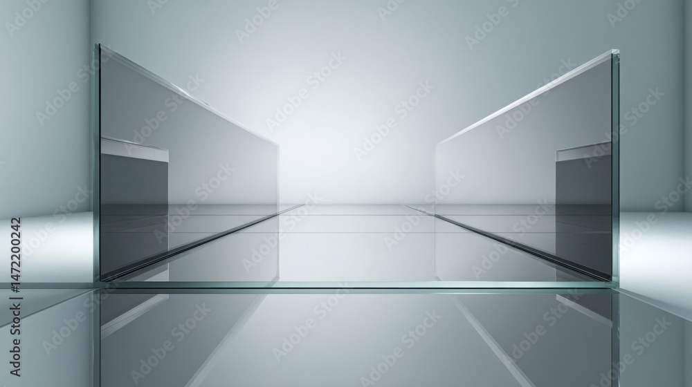 Poster modern minimalist glass structure interior with reflective surfaces and geometric design elements, c