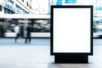 Blank billboard advertisement mockup in city street with blurred motion of people and public transport. : Generative AI