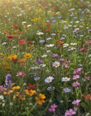 Obraz premium Close-up shot of diverse wildflowers in meadow, purple, photography