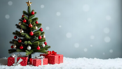 A beautifully decorated Christmas tree with festive ornaments and wrapped presents for the holiday.