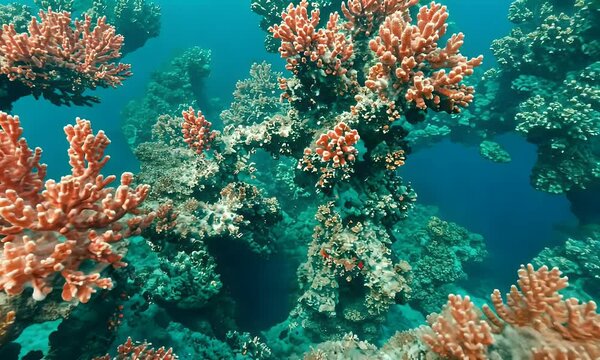 Underwater Scene of Coral Reef with Orange Coral and Teal Water